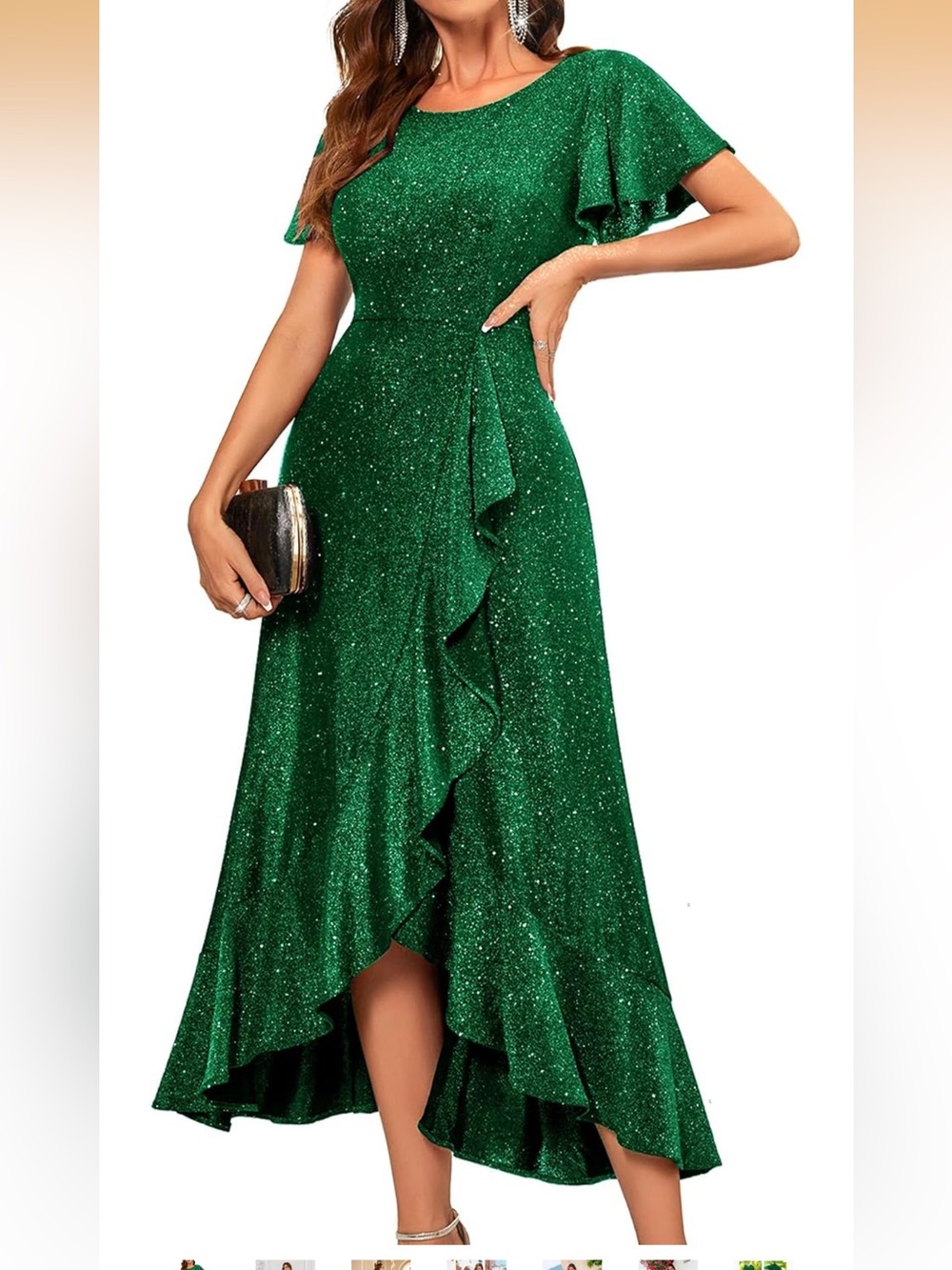 Glitter Green High-Low Ruffle Evening Dress